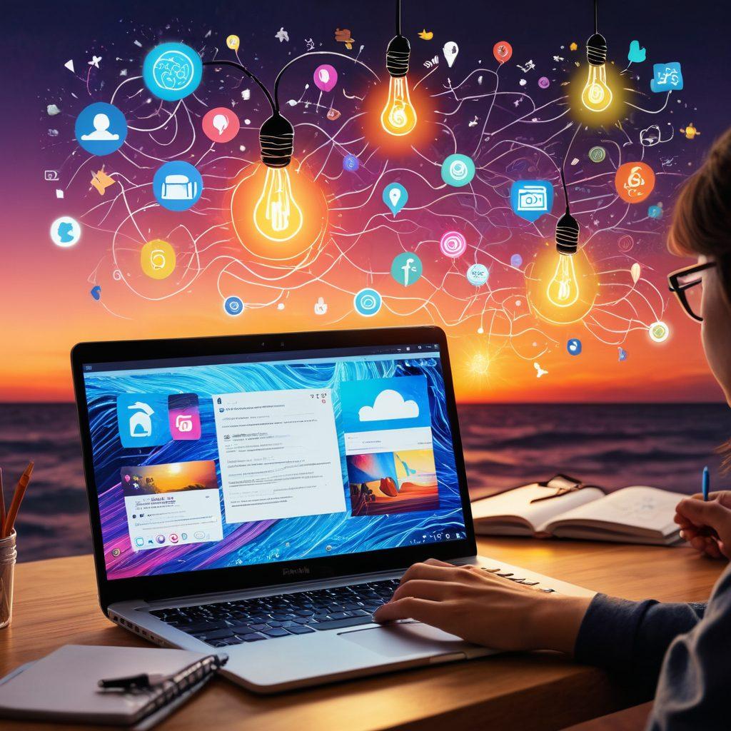 A vibrant collage illustrating the journey of digital storytelling: an open notebook with colorful sketches of ideas spilling out, a person typing on a laptop with digital icons representing social media and creativity, and a glowing light bulb symbolizing innovation, all set against a dynamic background of waves and sound patterns. super-realistic. vibrant colors. energetic atmosphere.