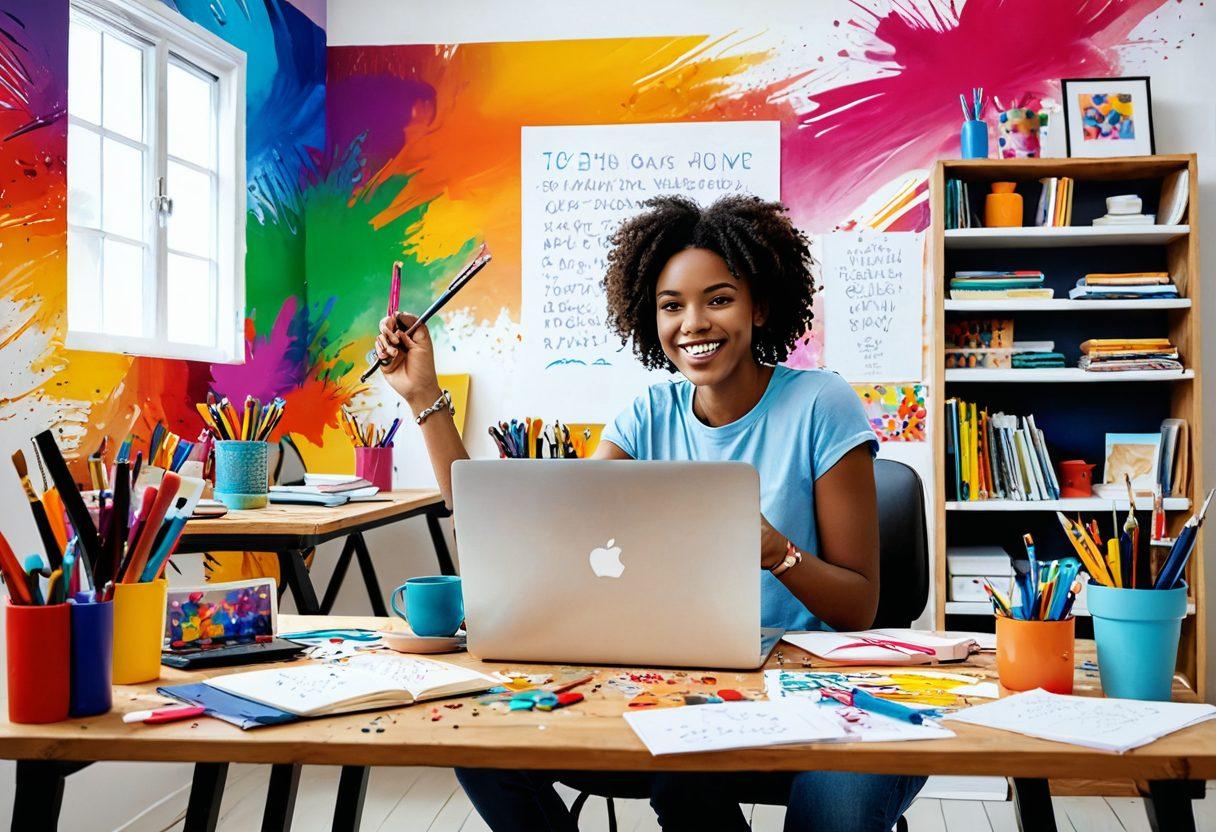 A vibrant digital canvas filled with diverse artistic tools like paintbrushes, a laptop, and handwritten notes, symbolizing the creation of authentic online content. In the foreground, an individual with a joyful expression is painting their personal story, with colorful splashes around them symbolizing creativity. The background features a serene workspace with inspiring quotes on the walls. Bright, inviting colors to evoke a sense of creativity and enthusiasm. digital illustration. vibrant colors. 3D.
