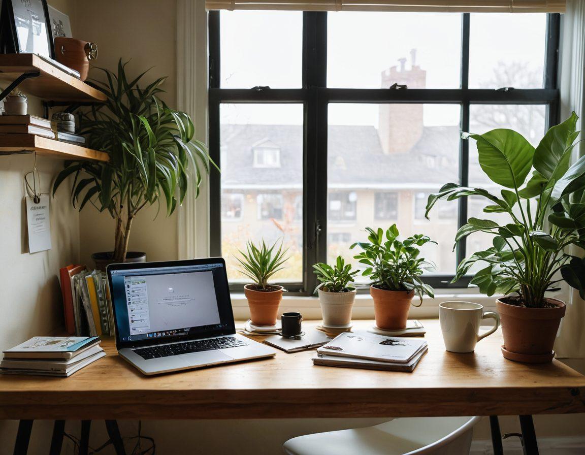 A cozy workspace with a laptop open to a blogging platform, surrounded by a coffee cup, notebooks, and creative materials. Soft natural light filtering through a window, highlighting a colorful plant and inspirational quotes on the wall. The atmosphere should evoke creativity and comfort, ideal for digital storytelling. super-realistic. warm colors. soft focus.